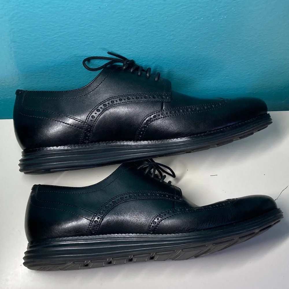Mens Size 11.5 Cole Haan Black Leather Lace Up Dress Shoes Wingtip Oxfords